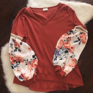 Printed Sleeve Thermal Top, L, Three Birds Nest